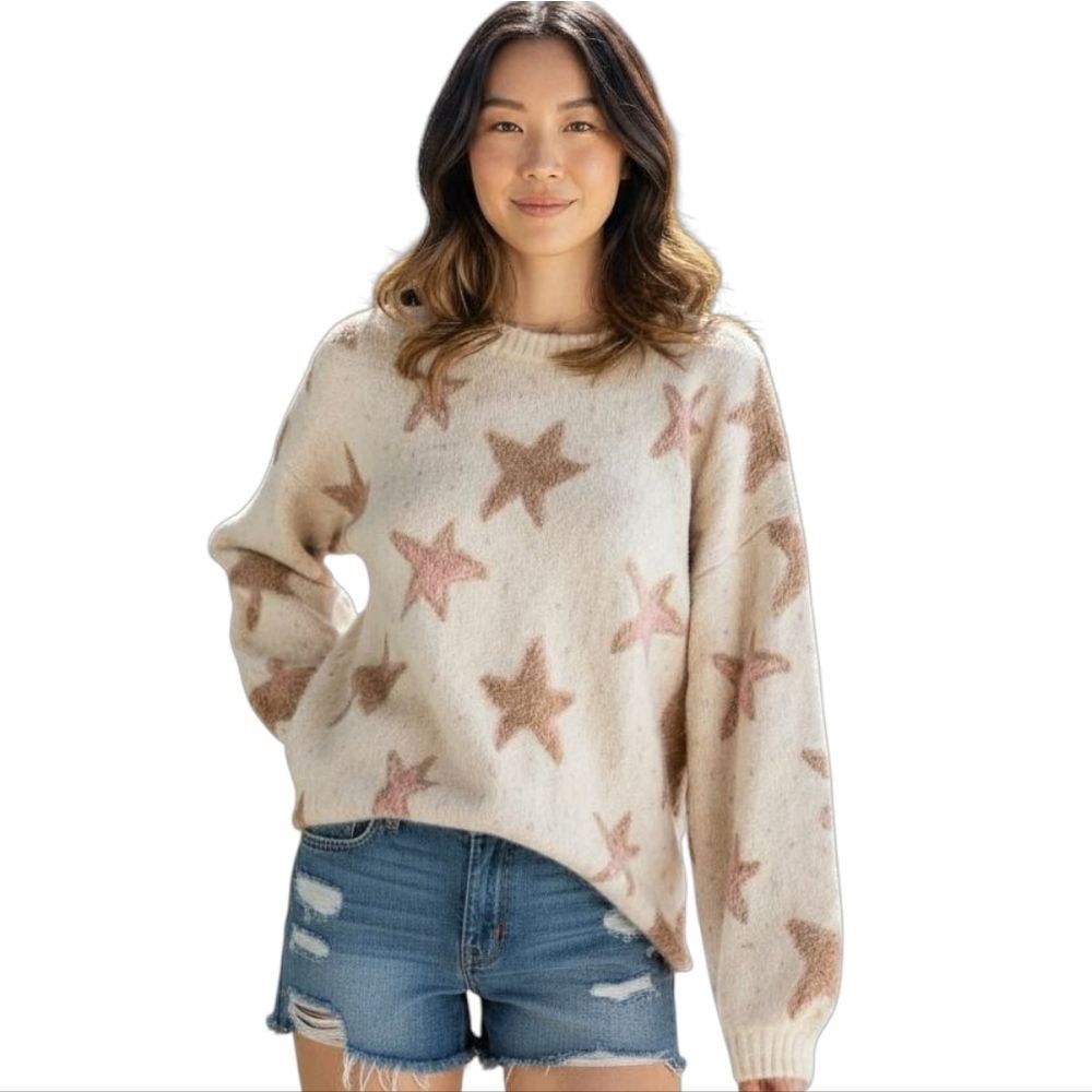 ADORA~ Pink & Cream Star Patterned Oversized Sweater‎